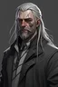 Placeholder: early 20s Caucasian male, long loose white hair ,braided beard, chiseled jaw, the man has no mustache, Nordic nose, jagged black line tattoos on each side of the face overlapping each other as an x, cyberpunk open black trench coat lazy dress shirt loosened tie, white iris with 6 black dots, lanky yet built, holding a throwing knife in one hand, cocky smirk, neon city backdrop in the pouring rain, watercolor