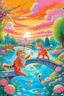 Placeholder: in the center: beautiful chunky cats dancing on a bridge , background: landscape, first plan: pink flowers and a small river with blue water, sky: orange clouds