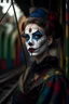 Placeholder: hyper real oil painting portrait of posing harlequin in cable trolley in goth ruins background, zeiss prime lens, bokeh like f/0.8, tilt-shift lens 8k, high detail, smooth render, down-light, unreal engine, prize winning