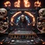 Placeholder: DJ Jazzy Jesus, insanely detailed DJ booth in hell, MID set, speakers and equipment made of bone, anatomically correct, add more skulls in th audience, photorealism, vray, 8k 3d