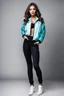 Placeholder: fullbody shot of young-beautiful-girl-with-a-perfect-face-with-make-up-wearing- sport pants and jacket standing , prophesional photography studio