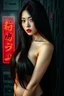 Placeholder: Beautiful Japanese woman, very long black hair, very serious, scared, red lips, black eyes, nice body, big bubs, with dark and gloomy technological background, high image quality, good understanding of artificial intelligence to create the image.