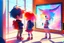 Placeholder: cute chibi holographic girl and boy looking at a picture about a red bull happily at an exhibition room in sunshine