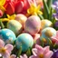 Placeholder: 8K hyperrealistic photograph, 16:9 aspect ratio, cinematic lighting with shallow depth of field, slightly elevated close-up perspective. Focus: a cluster of Easter eggs, meticulously arranged amidst vibrant spring blossoms—daffodils (sunshine yellow), tulips (ruby red and blush pink), hyacinths (azure and emerald). Eggs feature flawlessly smooth, glossy surfaces reflecting soft, diffused sunlight, exhibiting intricate patterns: pastel floral motifs on azure and pink eggs; iridescent gold abstra