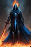 Placeholder: A warrior with a matte black combat helmet and eyes with bright blue flaming pupils, a black cape and a long coat with long combat boots and a long, sharp and fiery spear and with his helmet under A picture of hell with hellish people in tormenthis cape and two blue flames instead of eyes