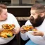 Placeholder: an obese man eating takeaway food next to a lean man eating vegetables