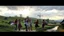 Placeholder: a group of young people are dancing to camera in village center squre over high grassy hills,a small fall and river and wild flowers at river sides, trees houses ,next to Ripe wheat ready for harvest farm,windmill ,some people standing looking the dancers,a few village local shops ,cloudy sun set sky