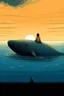 Placeholder: a distance angle of a giant whale who is half in the water and with a kid laying and watching the sky on top of it. childrens book illustration.