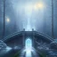 Placeholder: fantasy art, book cover, upper body of big mad wizard in front of the ebony stairs of a bridge or dam ,icy water, on the bridge is a wolf, there is also a hawk and everything is seen from the tree tops