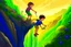 Placeholder: a boy is hanging on the edge of a cliff, holding on, another boy is helping him, holding his hand from above, flowers on the edge of the cliff, waterfall in the sunlight in the background