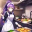 Placeholder: girl, masterpiece, best quality, volumetric lighting, detailed outfit, perfect eyes, purple hair, long hair, green eyes, ponytail, maid, indoors, cooking food,