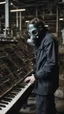 Placeholder: a person with a gas mask in an abandoned big massive factory, playing with a modular synth piano