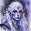 Placeholder: dnd, fantasy, watercolour, large strokes, stylistic, portrait, illustration, dull colours, woman, dark elf, drow, face, narrow long face, exaggerated face, cruel face, cold demeanor, purple eyes, piercing eyes, angry expression, white hair, very long hair streaming down the shoulders, lush hair, elegant, short small mouth, cruel smile