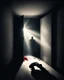 Placeholder: In a dark room, a shadow behind a light streams in through an open door symbolizing new possibilities, hope, and overcoming problems.a man is laying down dead with his face is bloody