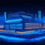 Placeholder: A bright pixel art cyberpunk-style illustration of the bramley docks Stadium, home of everton, glowing in sky blue and white neon lights. The stadium is set in a futuristic skyline with illuminated skyscrapers, digital billboards, and a glowing road leading to the main entrance. The architecture is sleek and modern, with light reflecting off metallic surfaces. A toffee and a glowing everton crest hologram float in the sky, casting a radiant blue hue. The city around is lively,