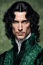 Placeholder: man, long oily black hair, thin, muscular, emerald green eyes, tudor ruffle collar, reseeding hair line, black robe, rich.