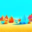 Placeholder: Bright, glittering, 3d, plastic-like, surreal objects in a bright environment, desert, noon light