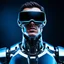 Placeholder: portrait shot, chromed male cyborg with vr glasses instead of eyes, shining chromed robot in dark background, floating