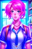 Placeholder: yugioh art style, character design, character concept art, realistic manhwa art for beautiful striking female teacher in the classroom, crimson hair with pink tips, blue Hair bobbles, bob haircut, blue eyes, light make-up, ruby lips, smooth, soft face, sculpted body, toned physique. she wearing sleeveless satin shirt that is white, classic collar shirt, cropped shirt, deep v-neck, elegant, passionate and beauty, red skirt, silver bracelet. Miki Asai Macro photography, vector art, sketch art, hyp