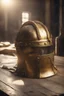 Placeholder: The Roman centurion's golden helmet lies on an old cracked wooden table. Next to it on the table is a cross on a string and a scroll of parchment. A ray of sunlight reflects off the helmet. All around is the entourage of ancient Rome. High quality image in 8K