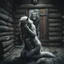 Placeholder: in the middle of a wooden hut an pale gray body hair pregnant anthropomorphic wolf woman creature kneeling, crying and covering eyes with her pawes, in background in the door stands dark gray body hair anthropomorphic wolfman and looking the female wolf. high contrast, high detalied, high realistic, sharp focus. The atmosphere is a seamless blend of sci-fi, dark fantasy