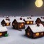 Placeholder: tiny fantasy farming village at night with wooden buildings in winter moonlight