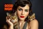 Placeholder: photo, portrait of a beautiful art deco woman with a cat, sign "GOOD NIGHT"