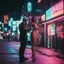 Placeholder: street photography of a woman and man on the street, night time, cyberpunk neon lights, 16mm , perfect photography, 1980's,vhs footage,wearing futuristic VR,bikini,bending,low light,shot by jvc gr-sz7,glitch,back to the future