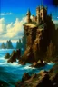 Placeholder: a rocky coast. A long isthmus juts out into the sea. the isthmus slopes upwards. on top of the isthmus there is a large fortress. style of Michael whelan.