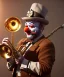 Placeholder: mechanoid old friendly fat clown with trimmed beard playing jazz with a steampunk theme, trumpet, realistic