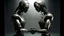 Placeholder: Surrealism.. Create an image featuring two humanoid robots holding hands. One robot should have a shiny light gray finish, while the other should have an opaque dark gray appearance. Both robots have their heads slightly tilted downwards, giving a mechanical and somewhat contemplative look. The setting is minimalistic, focusing on the contrast between the robots' finishes and their human-like connection. Contemporary art.