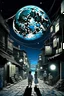 Placeholder: THE MOON HIDDEN SHADOWY FIGURES LABIRINTHINE STREETS STYLE OF HIROKU OGAI