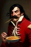 Placeholder: Captain Hook eating spaghetti Middle aged man with Shoulder-length black hair, thin moustache, red jacket