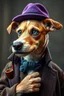 Placeholder: a dog in purple bowler hat with blue eye, anthropomorphic, dressed in a sherlock holmes detective costume, with a pipe in his hand, a private investigator in a movie, a movie still, movie lighting