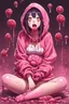 Placeholder: Anime girl crushed inside really darkred fleshy stomach filled with digestive juices, sit pose, fullbody, serius, tears, Junji Ito style, pink tones, pastel tetradic colors, 3D vector art, isometric style, retro aesthetic,rolling eyes, tongue out, saliva drip, open mouth,toph bei fong, croppedhoodie, underboob, mountainous horizon, 1girl, toph, bangs, black hair, blind, grey eyes, hair between eyes, hair bun, hairband, short hair, cropped hoodie underboob, cropped hoodieunderboobhoodie