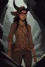 Placeholder: Dnd character with a long tail and small horns in a dark cave. A female Tiefling archeologist with a hat, wearing glasses, in brown adventurer's clothes. Cunning, beautiful.