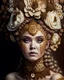Placeholder: Beautiful young faced woman portrait adorned with vanilla flower rococo style voidcore shamanism carnival wooden ribbed style masque and nutmeg, coconut, nuts walnut, hazelnut headdress ribbed with cocoa flower Vanilla flower headdress wearing Golden filigree make up on and floral embossed rococo style shamanism costume dress organic bio spinal ribbed detail of full Flóra. Palimpsest bokeh background extremely detailed maximálist hyperrealistic concept portrait