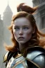 Placeholder: ultrarealistic, concept art, ruined city,__skimpy fantasy armor__, no star, __angles__, 18 year old woman, strikingly beautiful,ginger hair, _colour_, (pale __skincolor__ skin:1.2), __camera__, _hair_, detailed face and eyes, medium breasts, fantasy theme, freckles, dynamic pose, resolved expression, __accessory__, strappy outfit, (straps:1.1), sword in scabbard on left hip, (buckles, buttons, snaps, rings:1.0), haltertop style breastplate, detailed eyes, plump lips