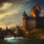 Placeholder: Portrait of a huge castle near a river, oil painting, symmetrical, architecture, medieval, on fire, superrealistic, dark colors, HD, 4K