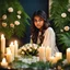 Placeholder: a young girl sitting on a couch holding a bunch of flowers, tanned ameera al taweel, hair whitebangs hair, sitting on comfort, roses and lush fern flowers, with big eyes, in a room full of candles, a microscopic photo, cute photograph, from left