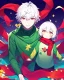 Placeholder: Green clothes with a yellow stripe and star in the middle of the print, short white hair, A young boy, wears a red scarf, has a colorful aura, At the bottom there are several stars, and his eyes are green.