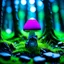 Placeholder: "Close up of a wonderful tiny Mushroom Tower home. Magenta and green with bright white, deep black and contrasting tones of gray magenta and violet colors. Illuminated bioluminescent forest. Professional painter, master at composition. small but detailed. broken, blurred background, voluminous lighting"