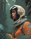 Placeholder: waist-up "female Astronaut in a Jungle" by Syd Mead, broken helmet tangerine cold color palette, muted colors, detailed, 8k