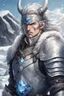 Placeholder: in anime style, 1man, a man with blue eyes and silver hair man in silver Viking armor with fur around the neck with blue crystal on his chest holding an axe in his hands standing on a pirate ship in the artic, warrior in anime style,