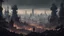 Placeholder: dark cyberpunk fantasy wide view of city in distance with piles of robots an scrap