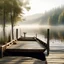 Placeholder: Generate a serene lakeside scene with a wooden dock stretching out into the water. Include a rowboat with oars resting beside it and a peaceful mist rising from the lake."