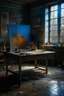Placeholder: An artist studio with painting stand on it a dark picture and on the table colors tubes. And palate "A very old paints cracked dirty abandoned stage , insanely detailed octane render trending on artstation, 8k artistic photography, photorealistic concept art, soft natural volumetric cinematic perfect light, chiaroscuro, award-winning photograph, masterpiece, oil on canvas, Raphael, Caravaggio, Greg Rutkowski, people, beksinski, Giger