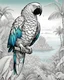 Placeholder: Digital art and coloring book illustration of an adventurous, treasure-hunting parrot on an enchanting island, with intricate details in the lush landscapes, employing subtle monochromatic-white lighting, vibrant island background, high-quality engaging elements, sketch-like black and white revolving around the theme of "Parrot's Secret Island Adventure", vibrant colors, intricate details, digital render, 8k, photorealistic