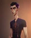 Placeholder: a tall rattled guy with short dark hair tousled on top, a long neck and limbs and is wearing a t-shirt with a shirt over and skinny jeans