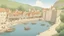 Placeholder: bay at foot of cliffs, with medieval buildings, shops, inn, taverns, people, piers, harbour, trees